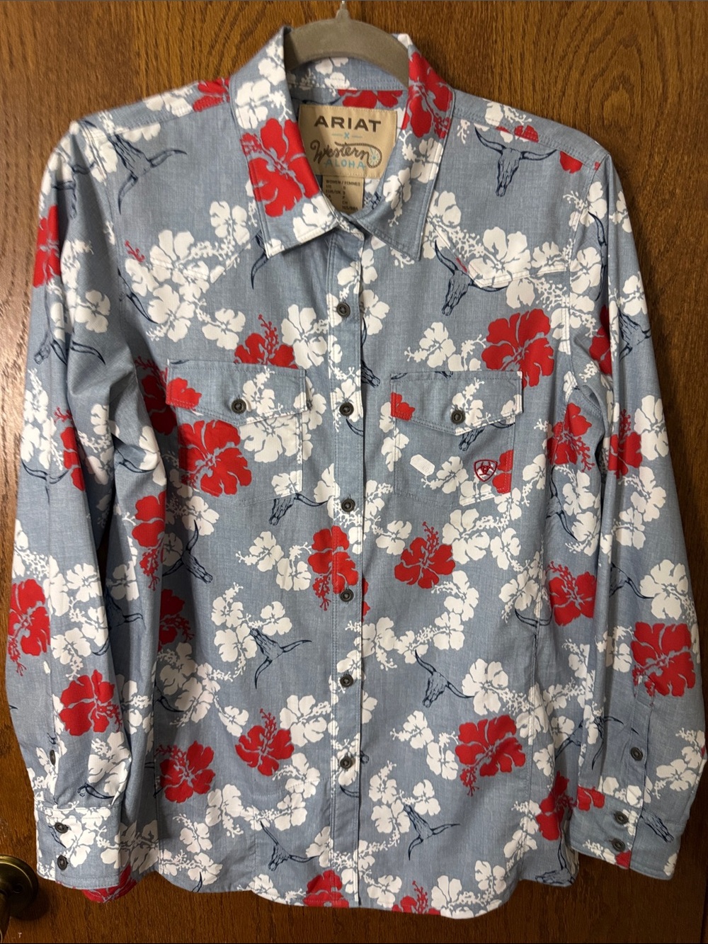 Ariat Light Blue Button-Down Aloha Floral Western Shirt with Red & White Print